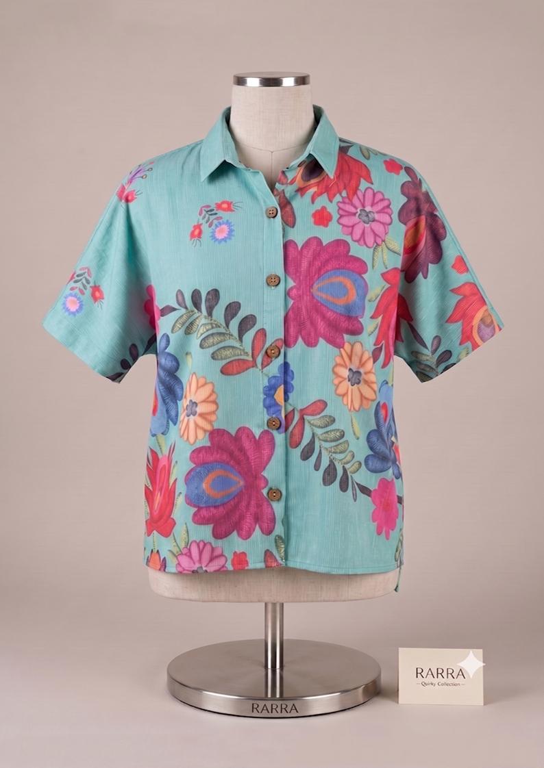 Aqua Bloom Floral Printed Relaxed Fit Shirt