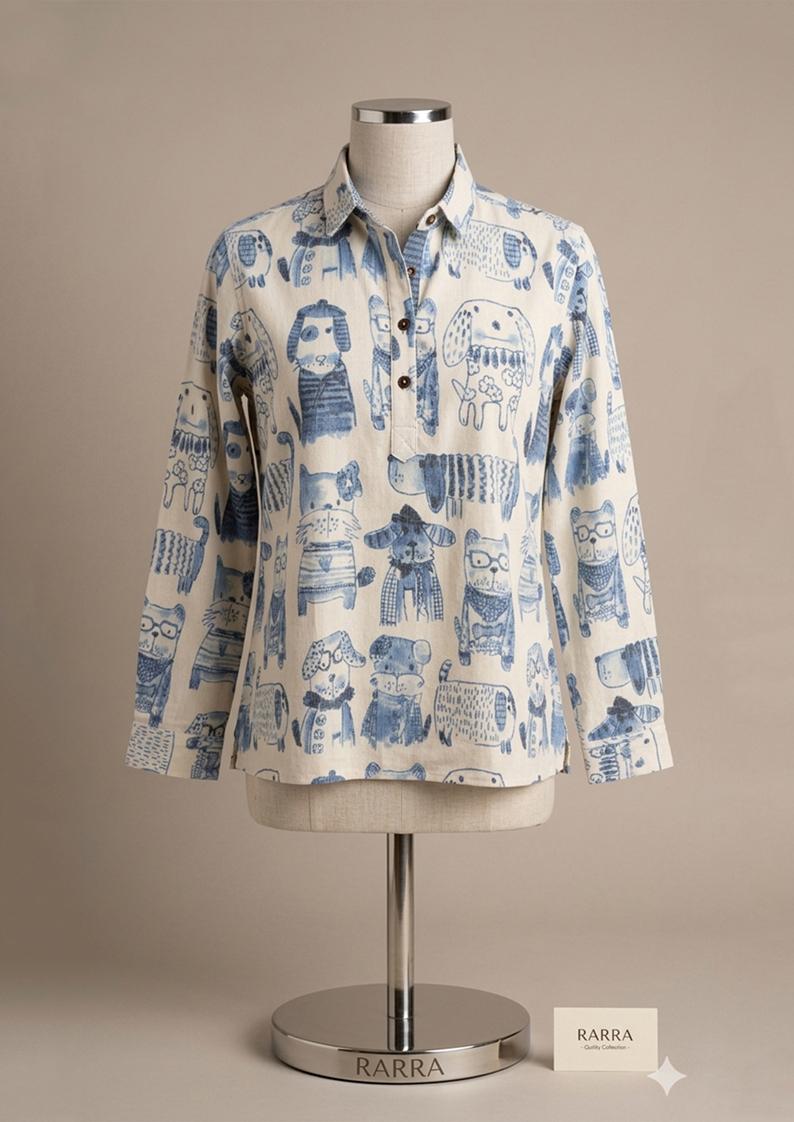 Blue Hand-Drawn Animal Print Shirt