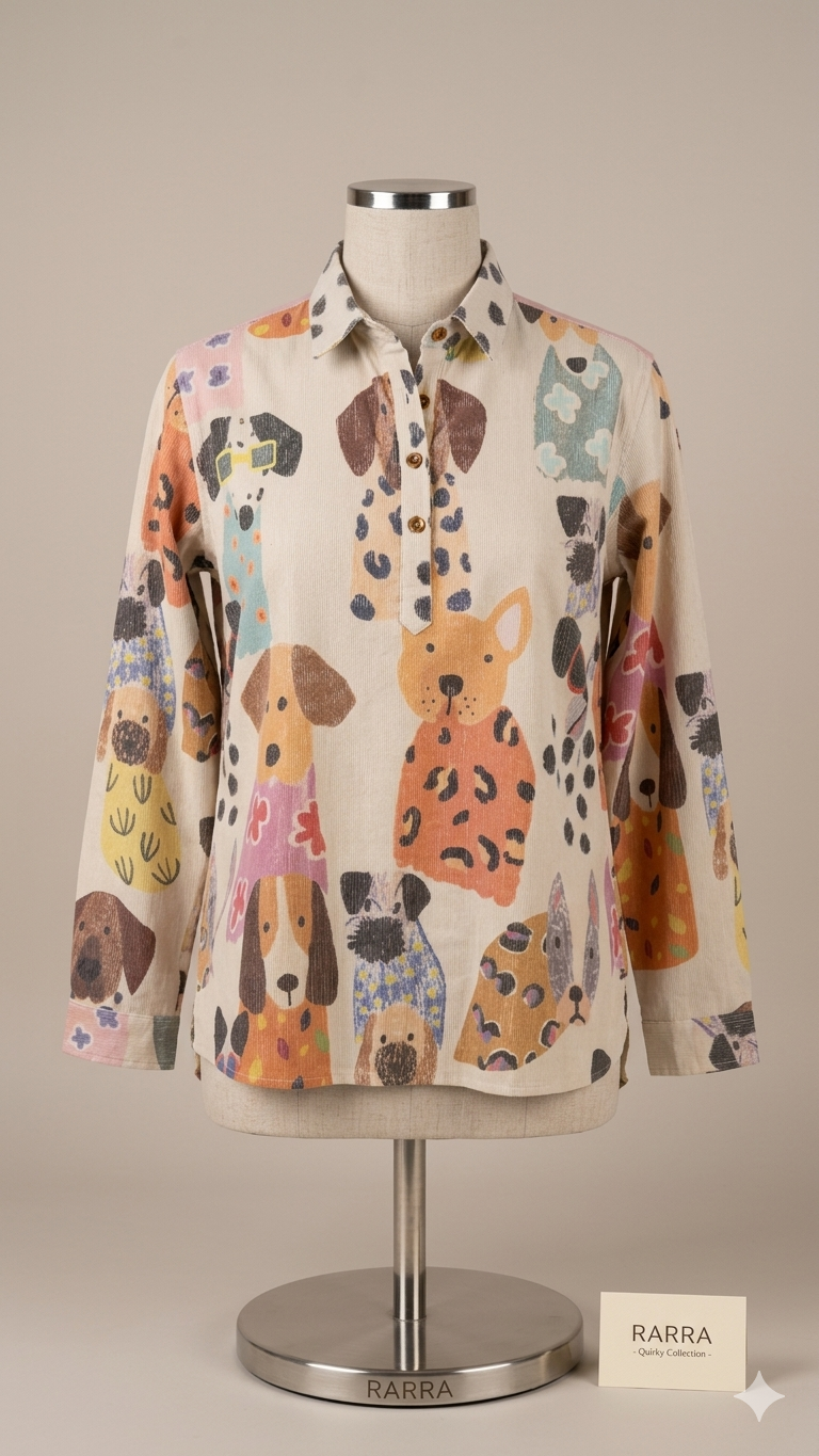 Ivory Quirky Canine Illustration Tunic