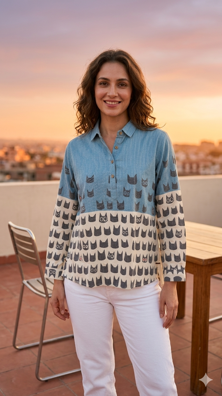 Sky Blue & Ivory Cat Print Casual Tunic