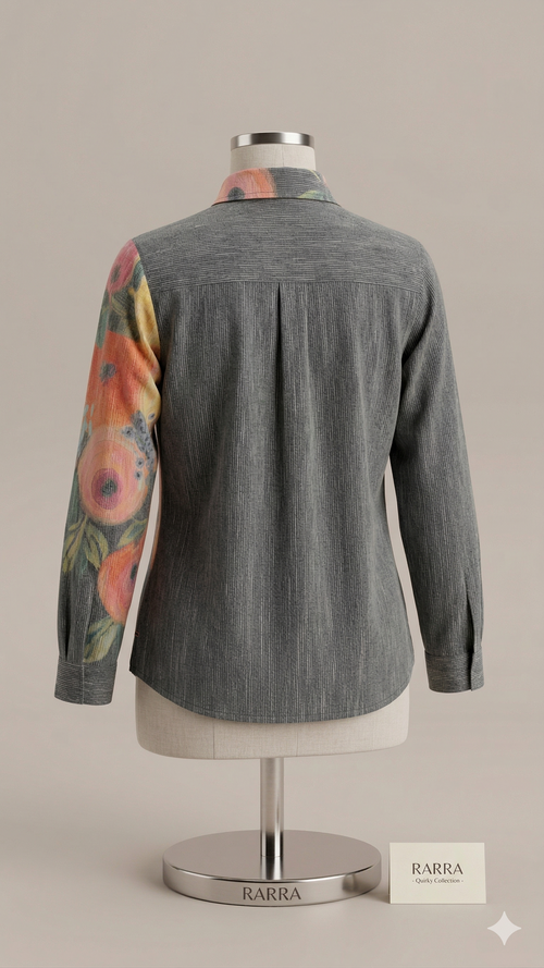Charcoal Grey Asymmetrical Tunic with Peach Floral Panel