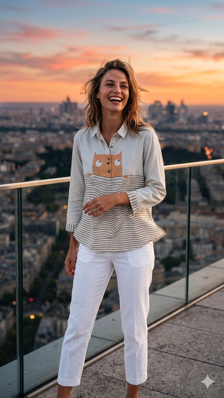 Playful Peekaboo Cat Striped Tunic