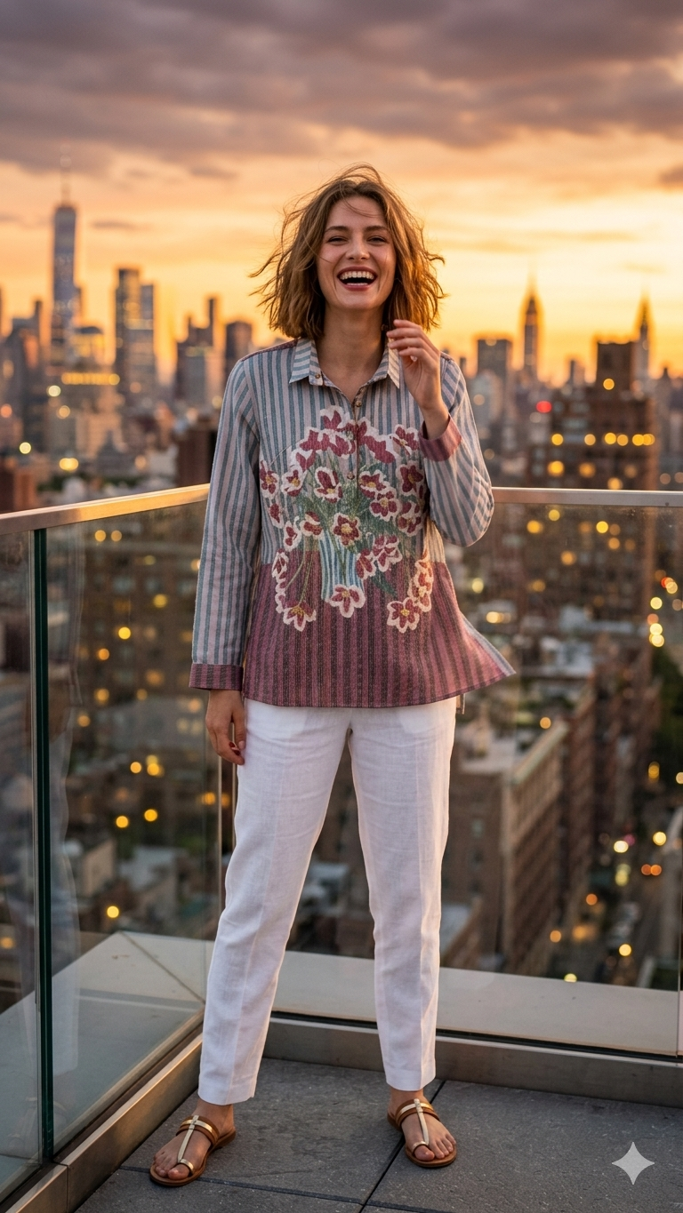 Mauve Striped Multi-Colour Floral Print Casual Tunic