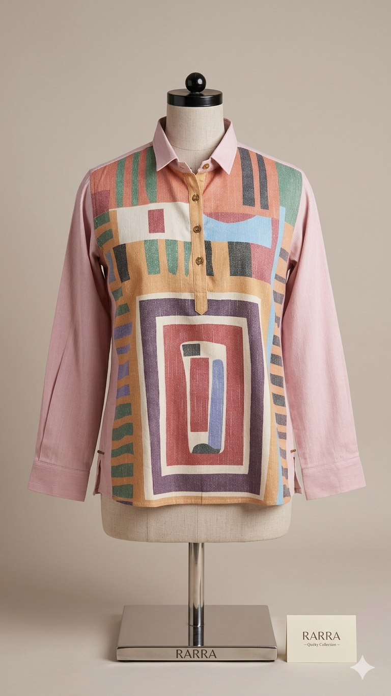 Soft Pink Geometric Colour-Block Tunic