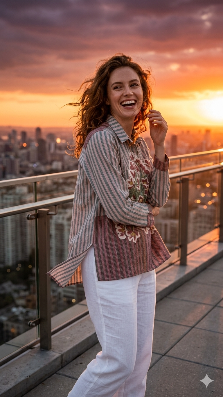 Mauve Striped Multi-Colour Floral Print Casual Tunic