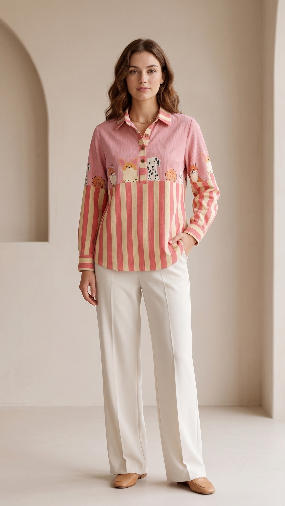 Women’s Pink Dog Print Striped Shirt