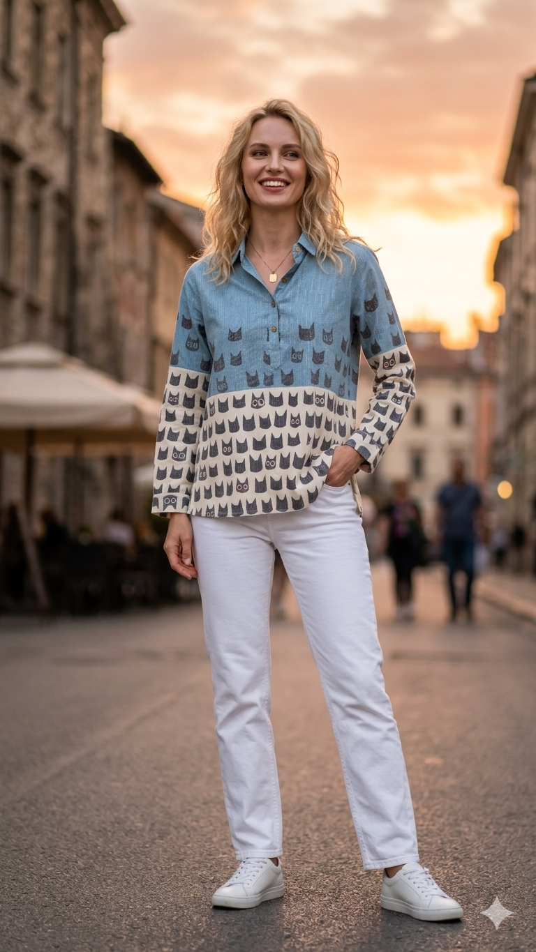 Sky Blue & Ivory Cat Print Casual Tunic