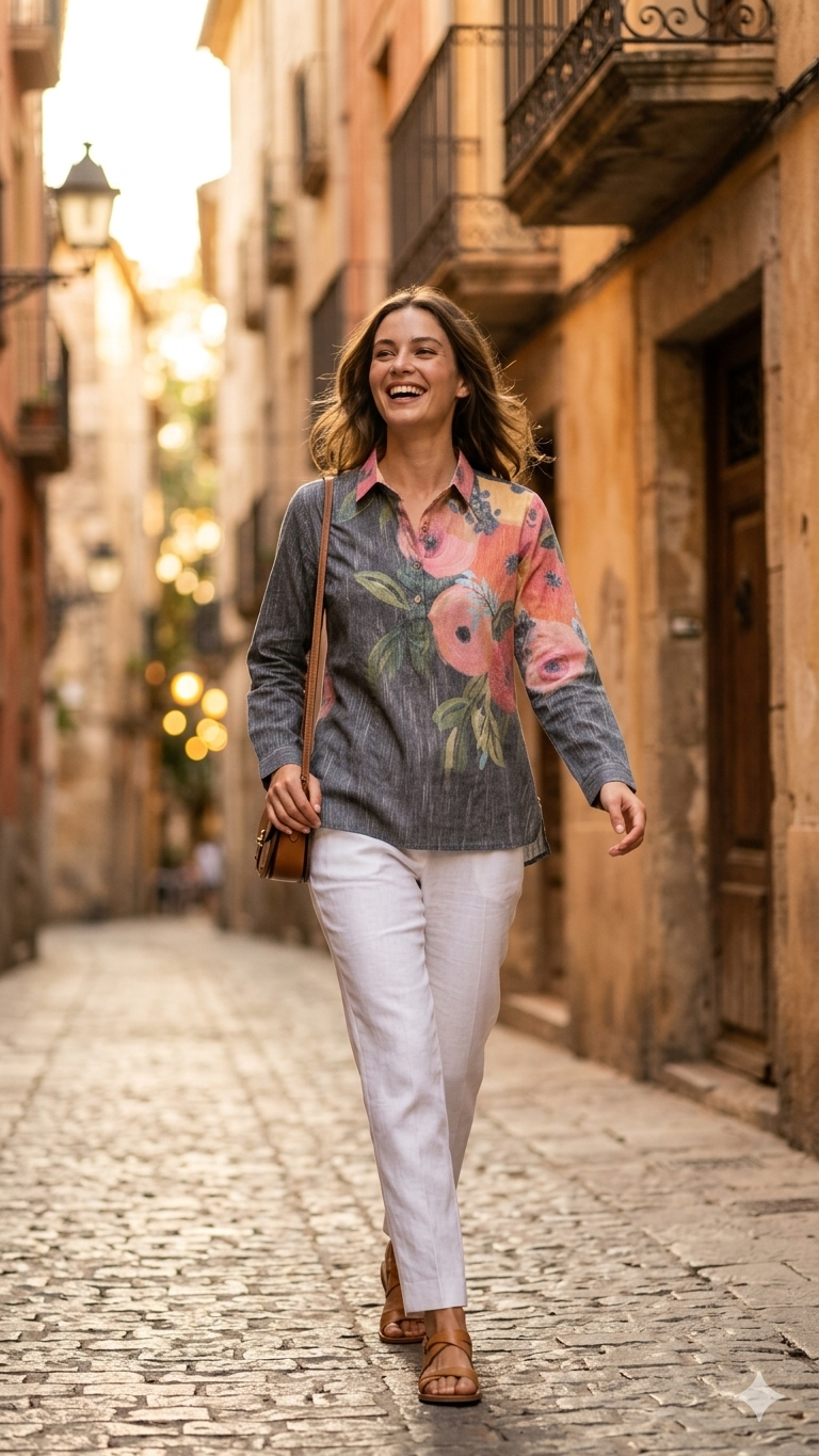 Charcoal Grey Asymmetrical Tunic with Peach Floral Panel