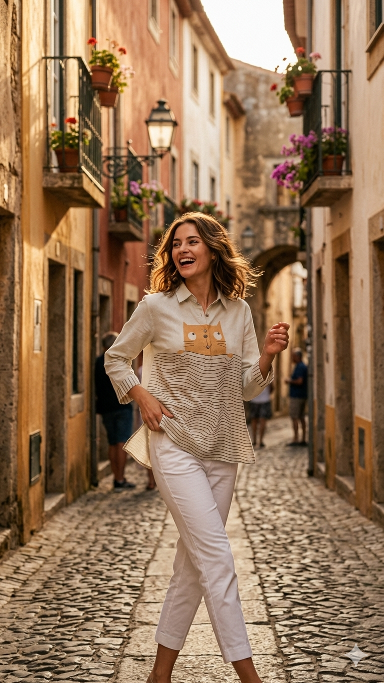 Playful Peekaboo Cat Striped Tunic