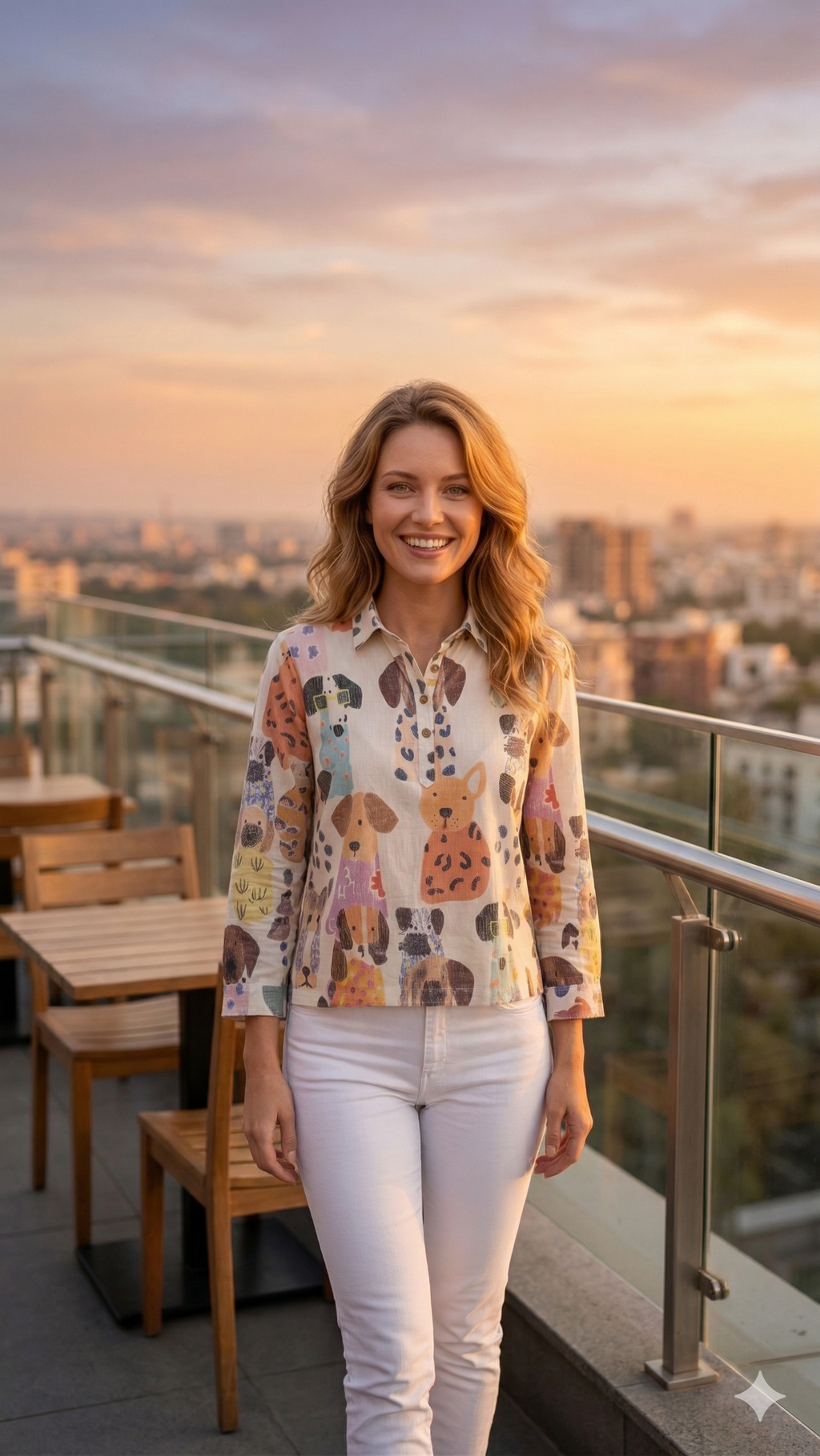Ivory Quirky Canine Illustration Tunic