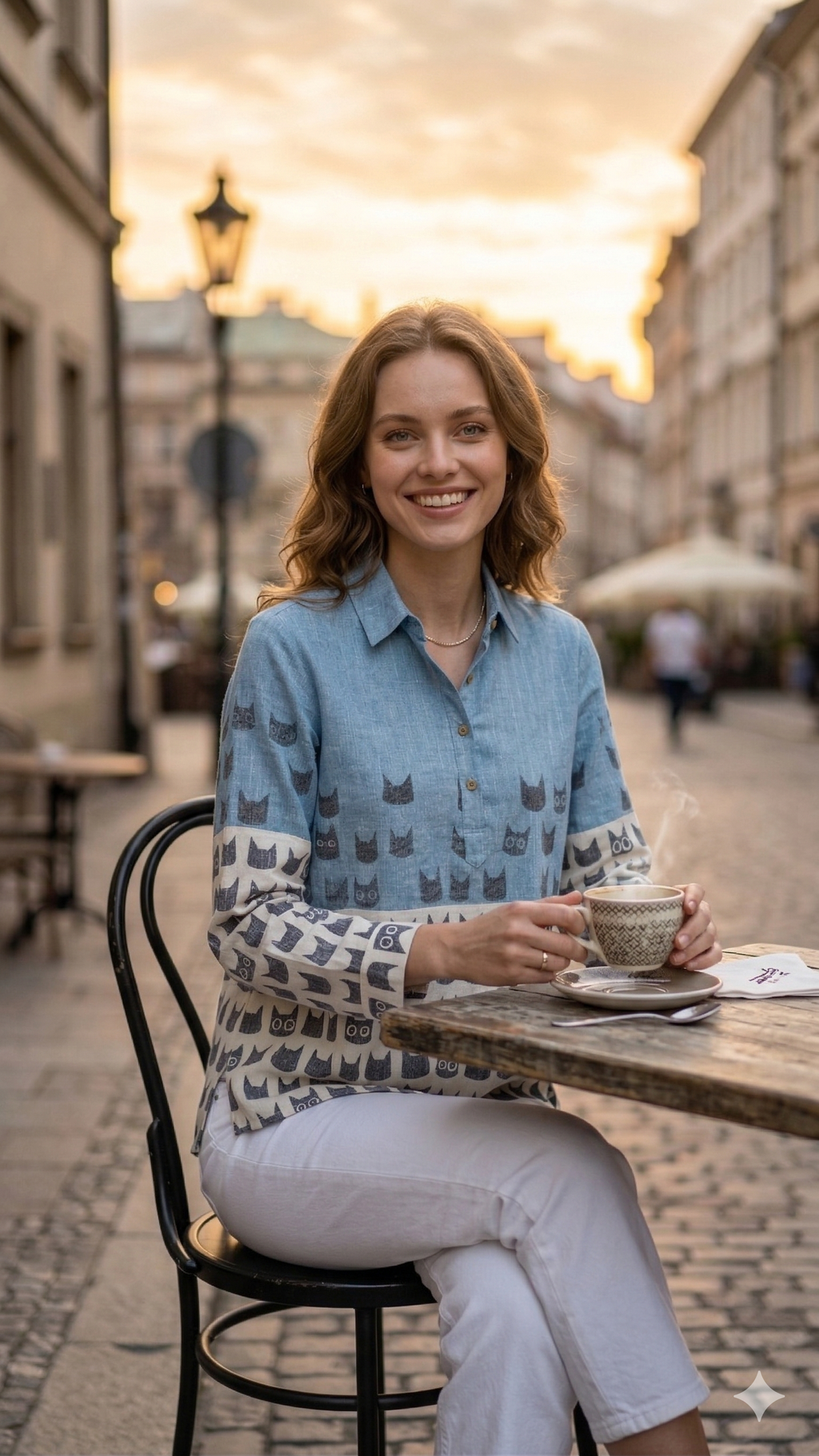 Sky Blue & Ivory Cat Print Casual Tunic