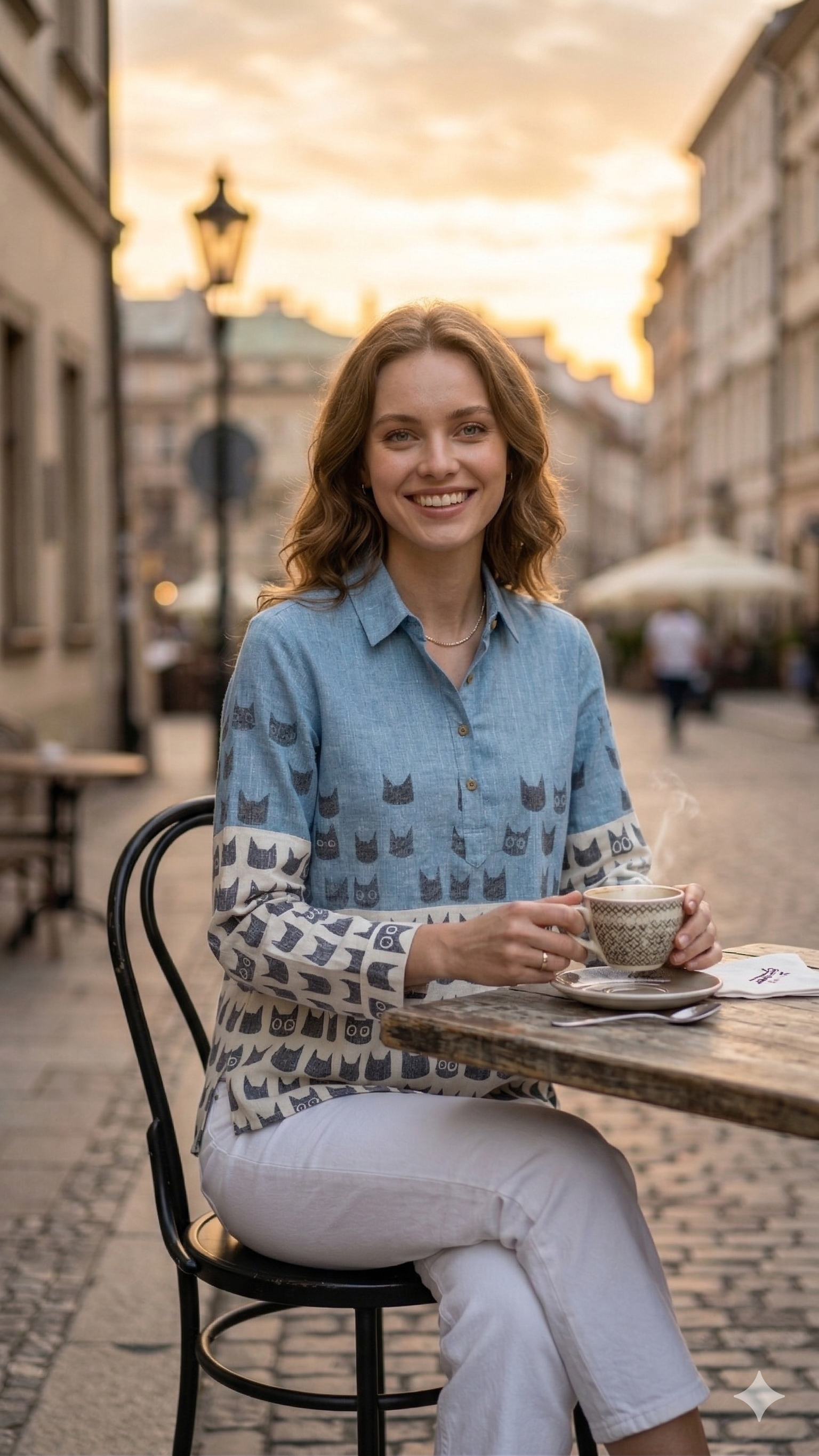 Sky Blue & Ivory Cat Print Casual Tunic
