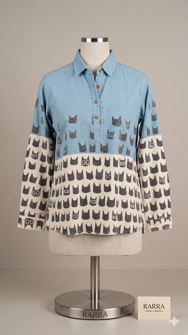 Sky Blue & Ivory Cat Print Casual Tunic