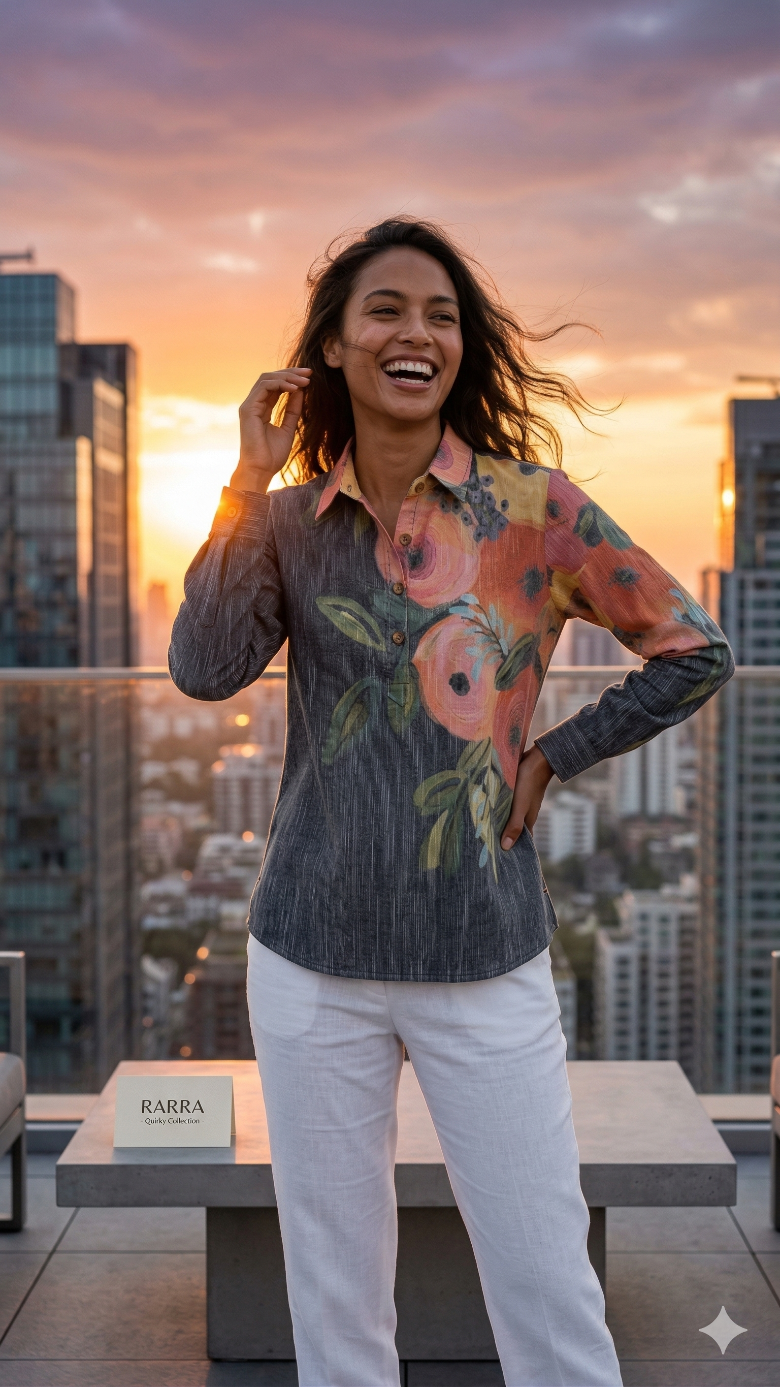 Charcoal Grey Asymmetrical Tunic with Peach Floral Panel