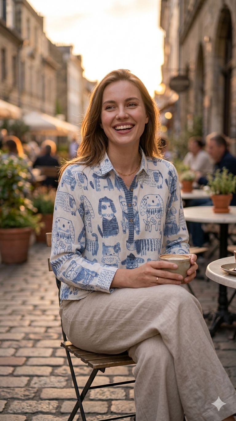 Blue Hand-Drawn Animal Print Shirt