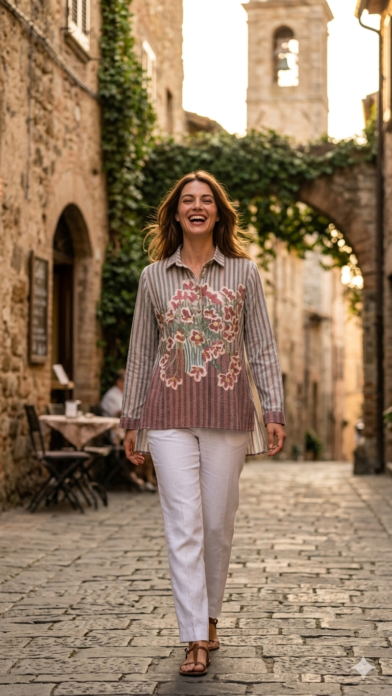 Mauve Striped Multi-Colour Floral Print Casual Tunic