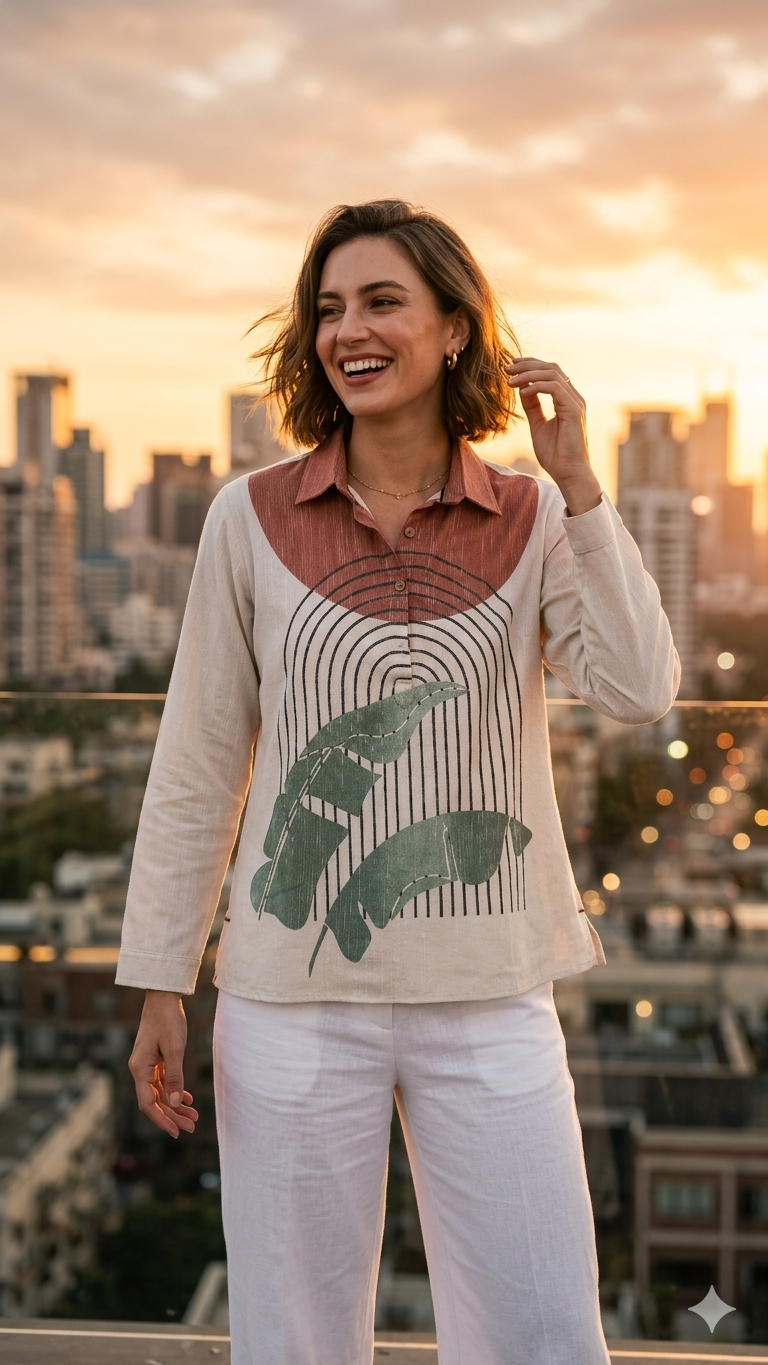 Rust & Ivory Nature-Inspired Print Tunic