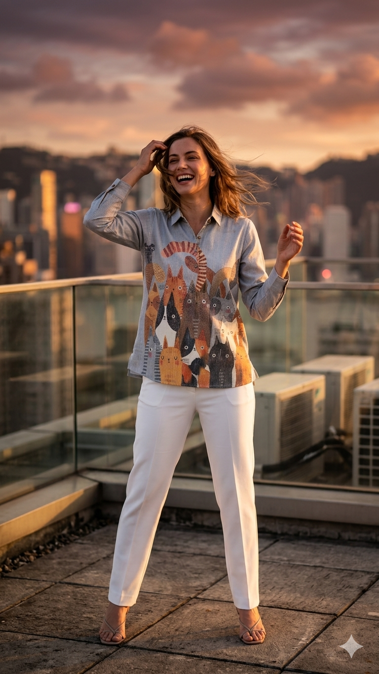 Grey Feline Cat Print Tunic