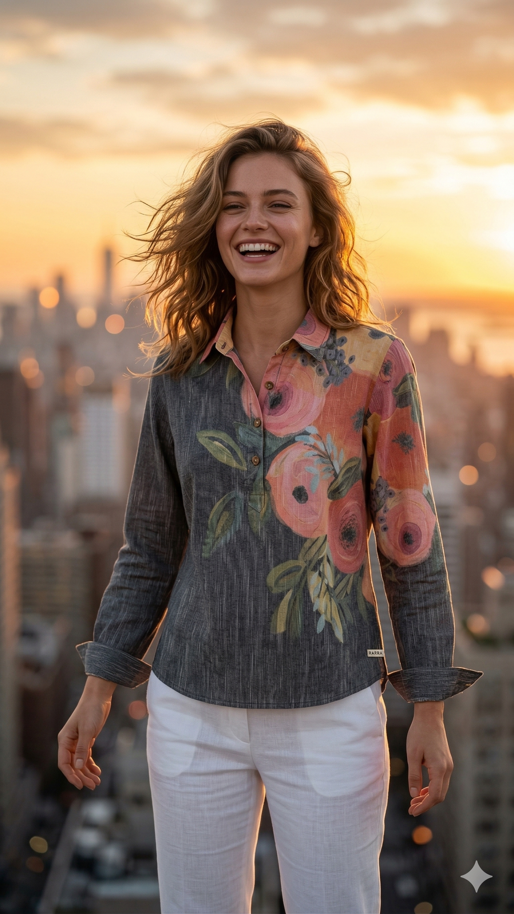 Charcoal Grey Asymmetrical Tunic with Peach Floral Panel