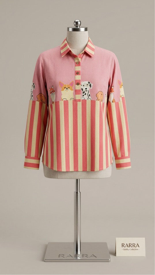 Women’s Pink Dog Print Striped Shirt