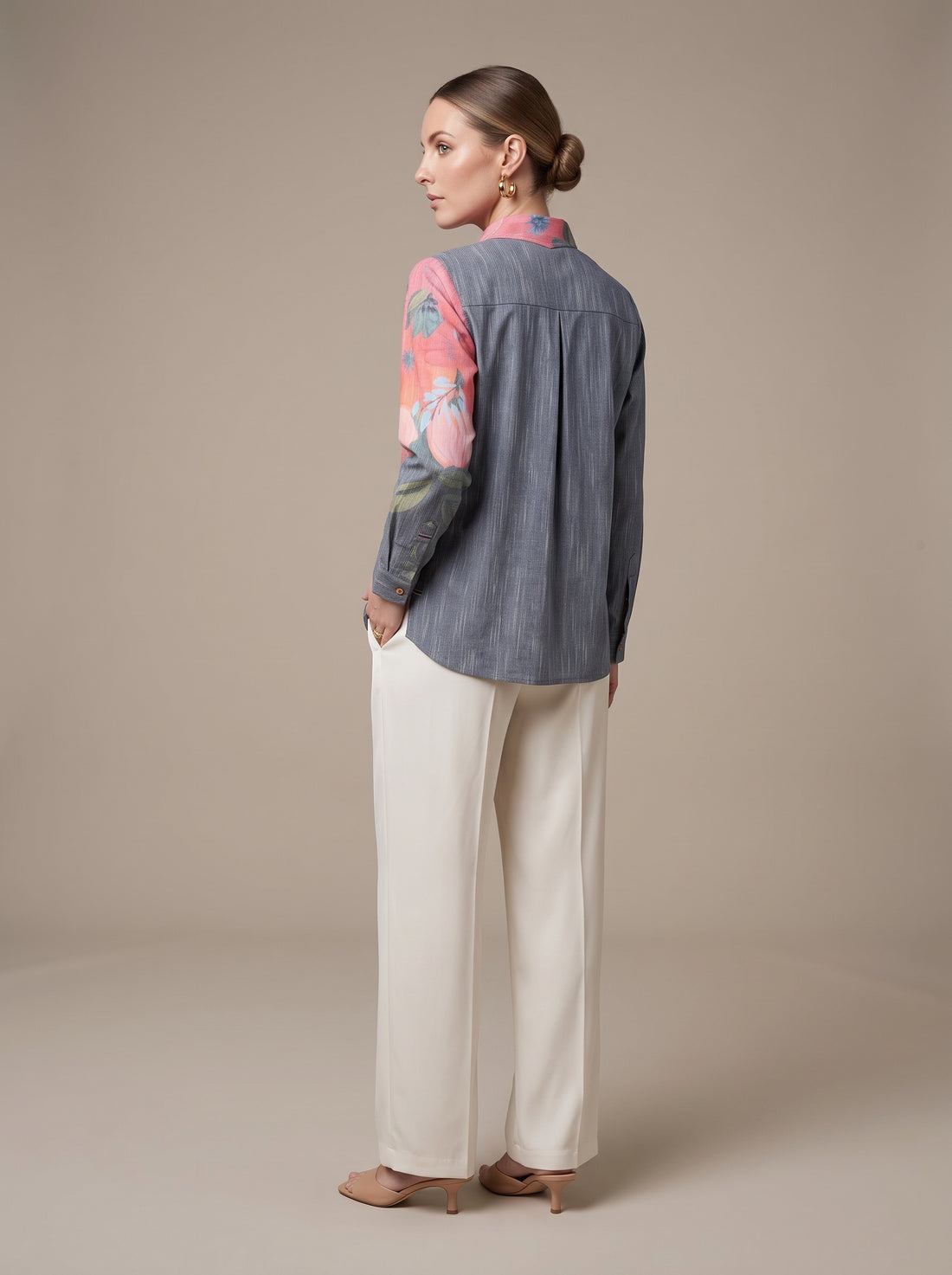 Charcoal Grey Asymmetrical Tunic with Peach Floral Panel