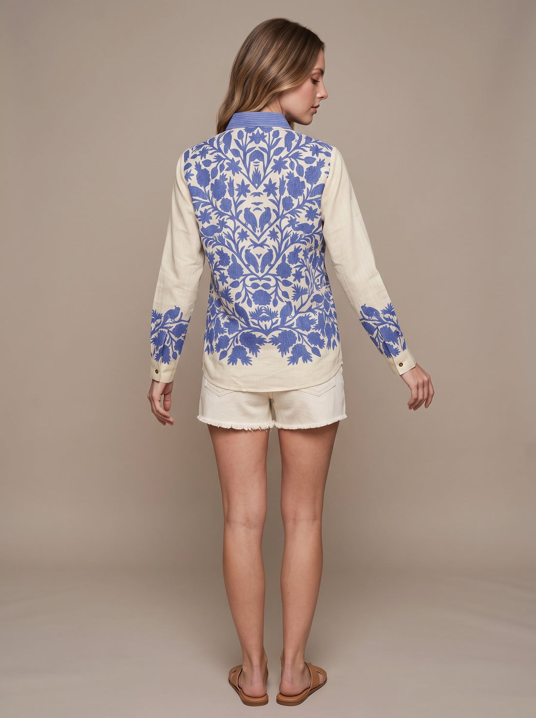 Cream and Blue Botanical Bird Shirt
