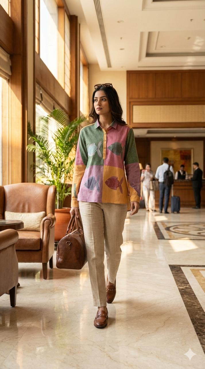 Mustard Accent Multi-Colour Fish Print Casual Tunic