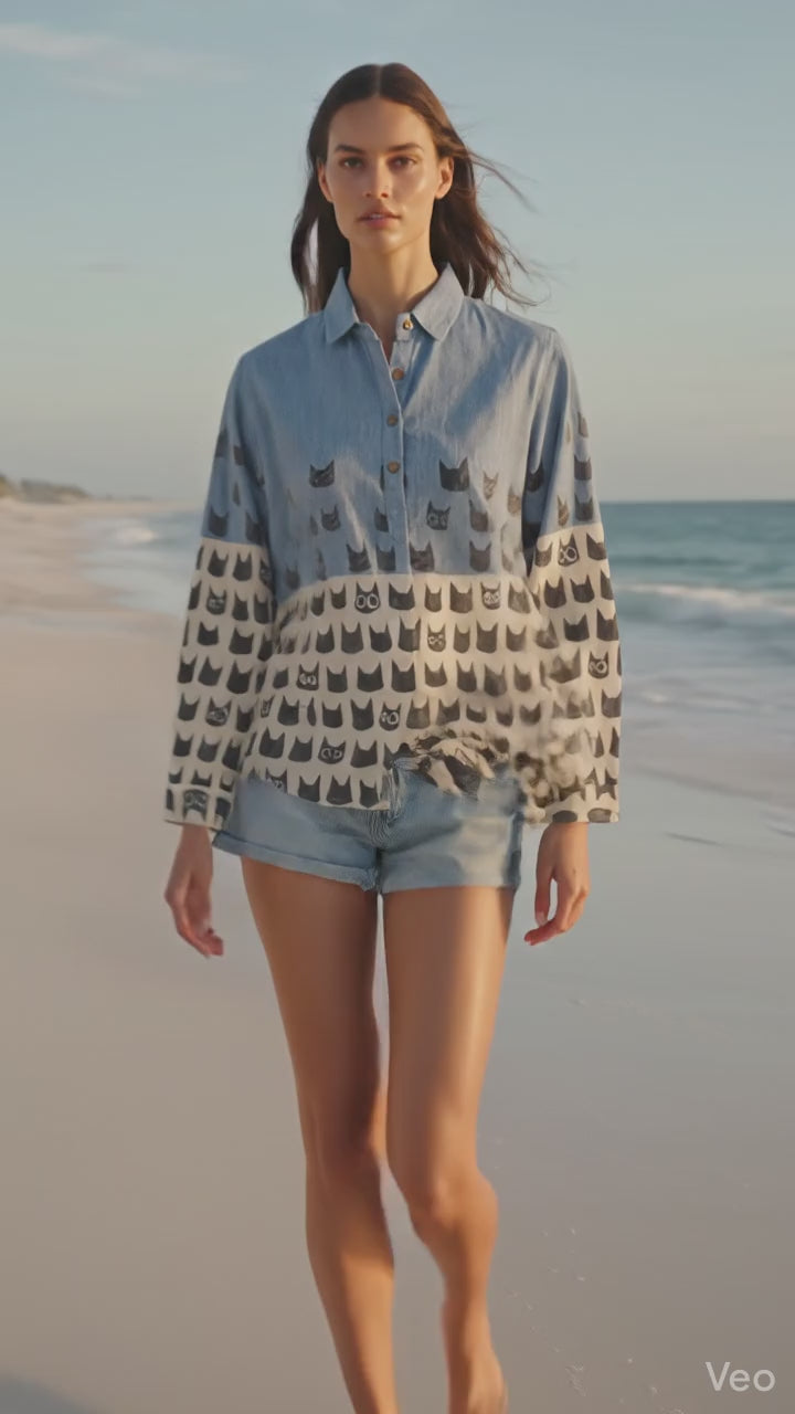 Sky Blue & Ivory Cat Print Casual Tunic