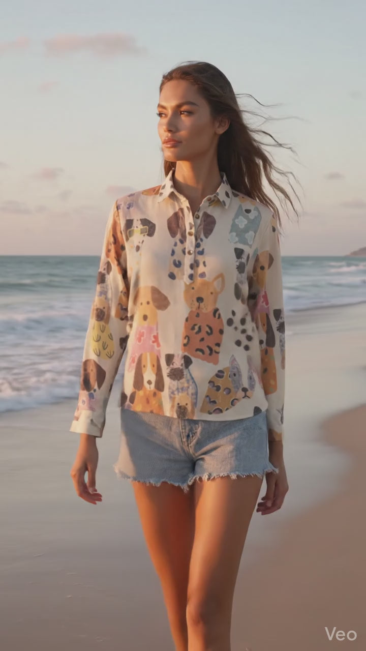 Ivory Quirky Canine Illustration Tunic